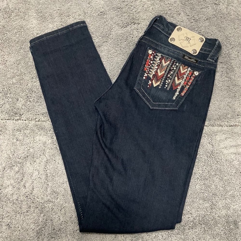 Miss Me Mid-Rise Easy Skinny Jeans Dark Wash Embroidered Pockets Sz 27 EB17562L